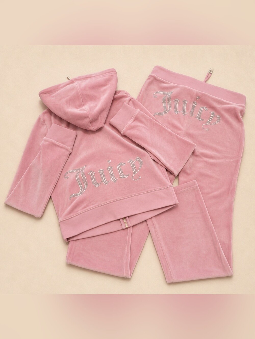 NWOT Juicy Couture OG Bling Rose Luxe Velour Zip Up Hoodie & Pants Set - S